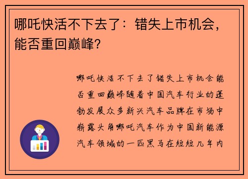 哪吒快活不下去了：错失上市机会，能否重回巅峰？